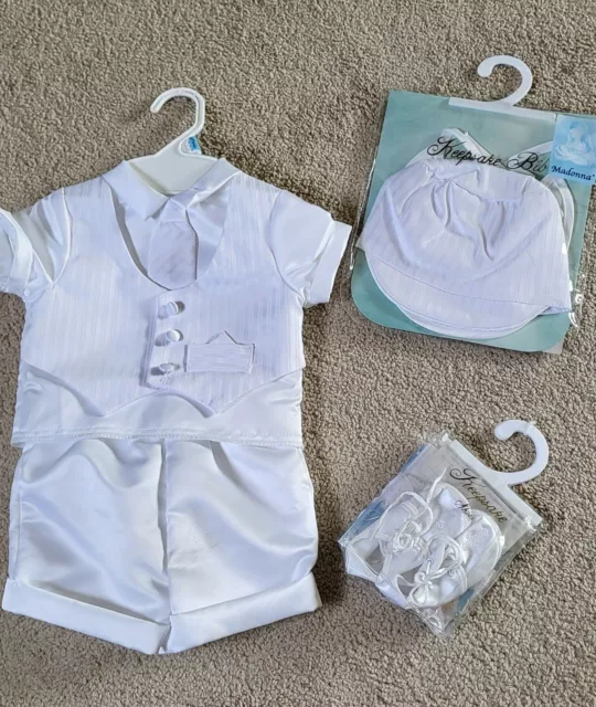 Baby Boy White Christening Baptism Outfit W/ Hat Socks Shoes Bib Tie 6 To 9 mo