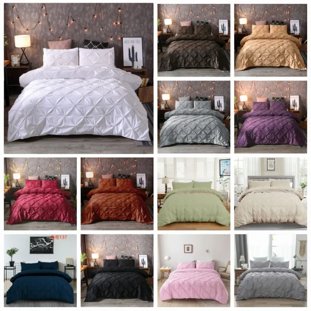 Solid Color Pintuck Diamond Quilt Duvet Doona Cover Set Queen King Size Bedding