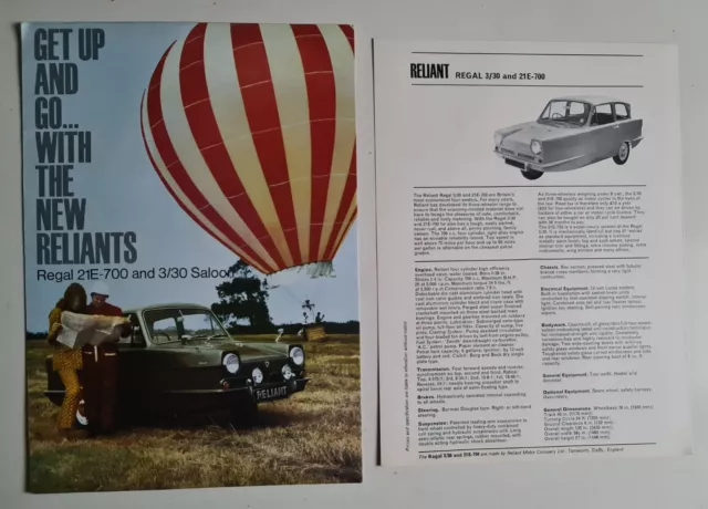 1968 Reliant Regal 21E-700 & 3/30 Saloon Fold Out Brochure & Spec Sheet