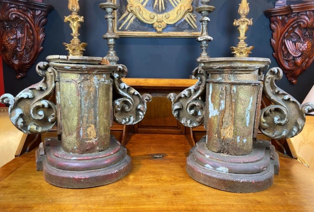 Pair of 18th Century Italian Large Carved Giltwood Altar Pedestals From Church