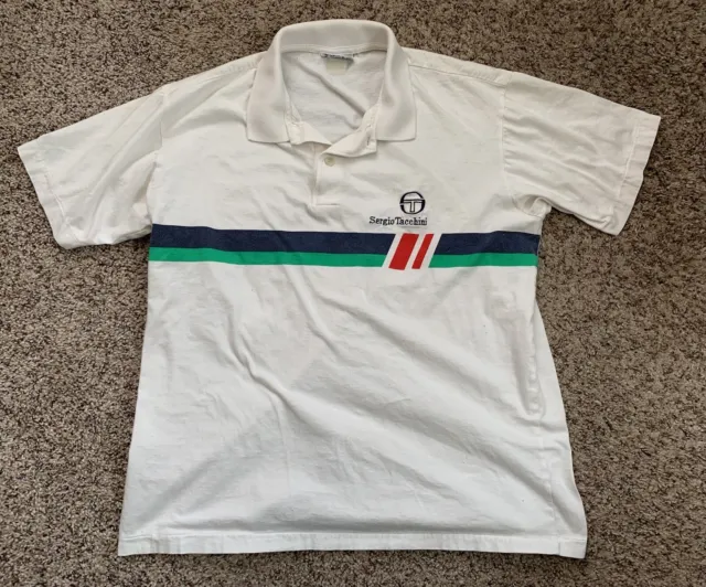 Sergio Tacchini Polo Shirt Vintage 80s Designer Tennis Sportswear Medium White