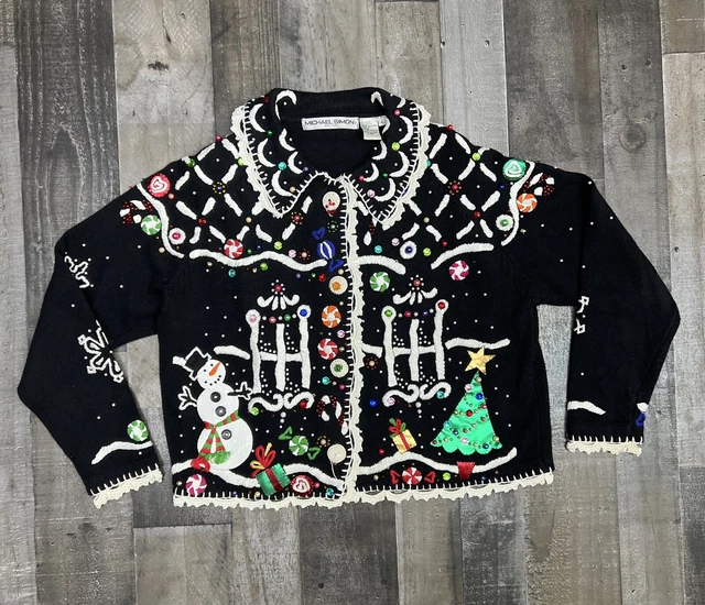 Michael Simon Christmas 1995 Snowman &  Candy Cardigan sweater Women's Size L