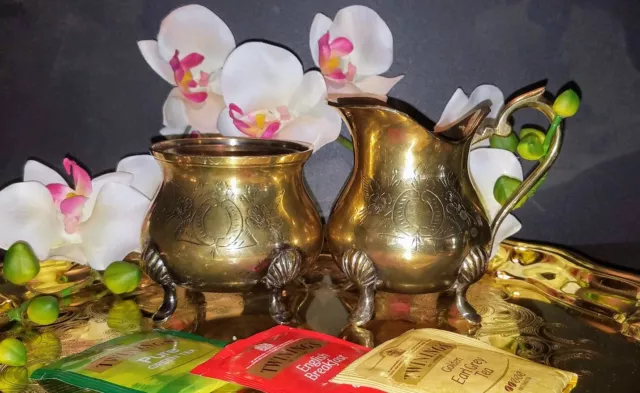 Creamer Sugar Bowl With Handles Itched Solid Brass Footed Set Victorian Era