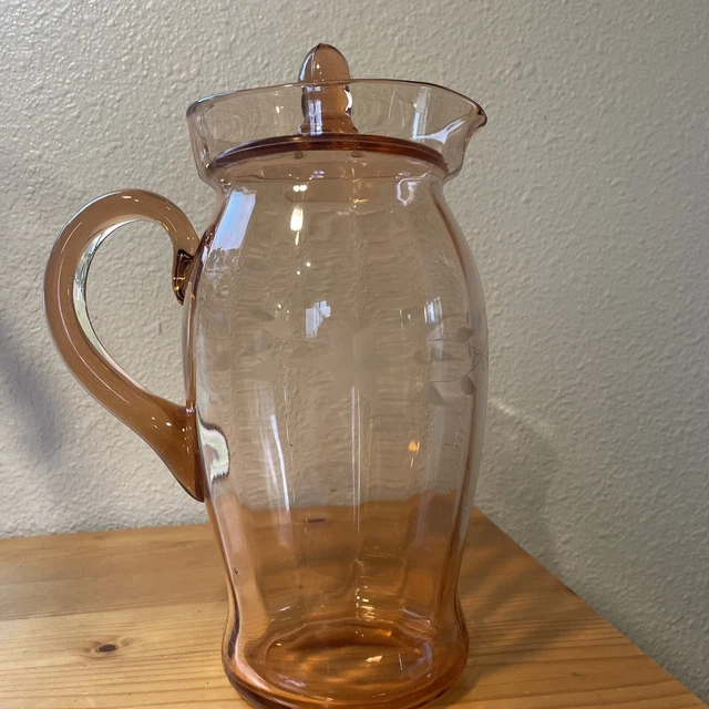 VINTAGE PINK DEPRESSION Glass Pitcher With Lid 7.5 Cup Capacity Etched