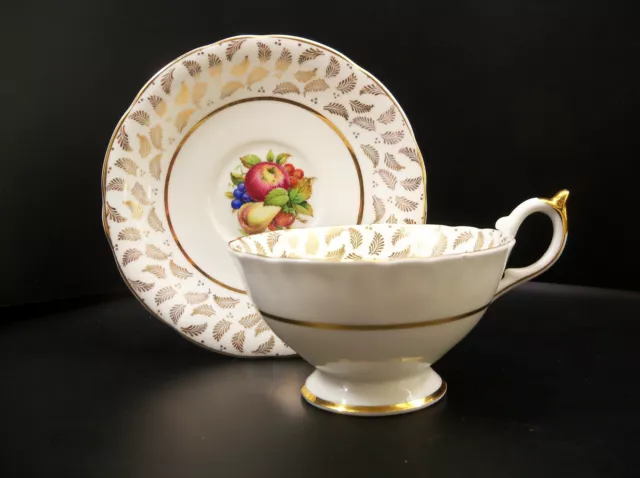 Vintage Aynsley Porcelain Fruit Tea Cup and Saucer with 22KT Gold