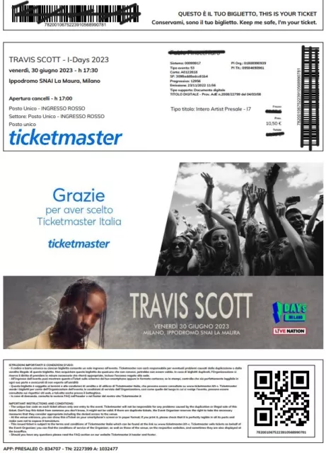 Biglietti Travis Scott 30/06/23 Milano POSTO UNICO Ingresso ROSSO