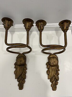 Pair Antique Cast Wrought Iron Two Light French Art Deco Wall Sconces No Reserve