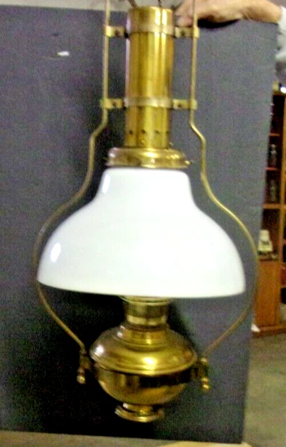 Vintage ALADDIN HANGING OIL LAMP Brass with Milk Glass Shade 32" tall overall