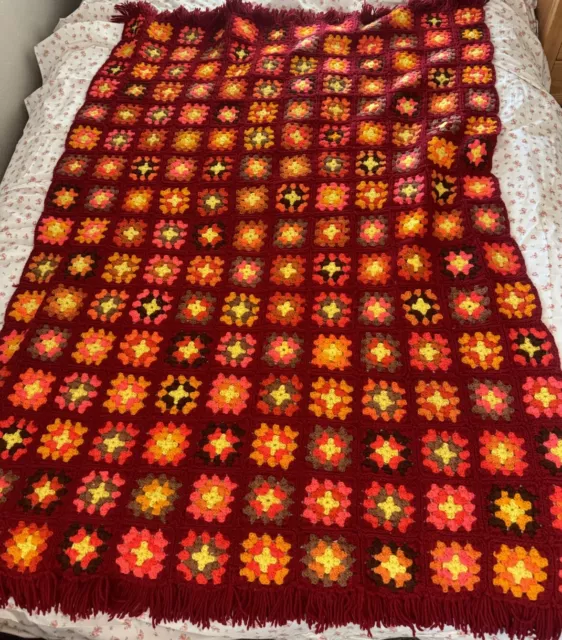 Vintage Granny Square Afghan Crochet Twin Blanket Red Orange Yellow 68 X 47