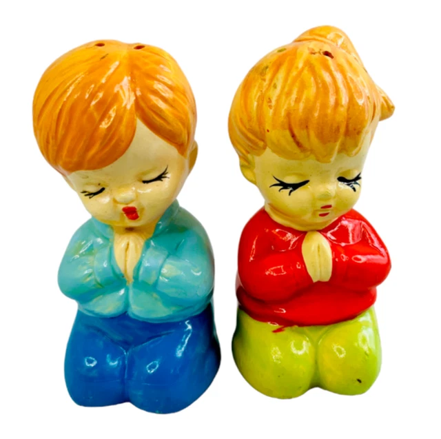 VINTAGE PRAYING BOY and Girl Salt and Pepper Shakers Japan 3.5