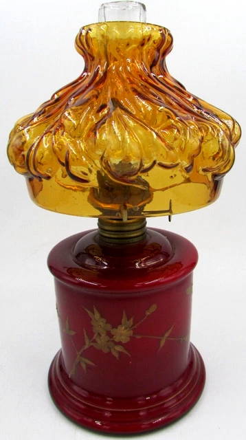 Antique Cased Blood Red Glass Petite Oil Bedside Lamp Gilt Flowers Smith 1, #391