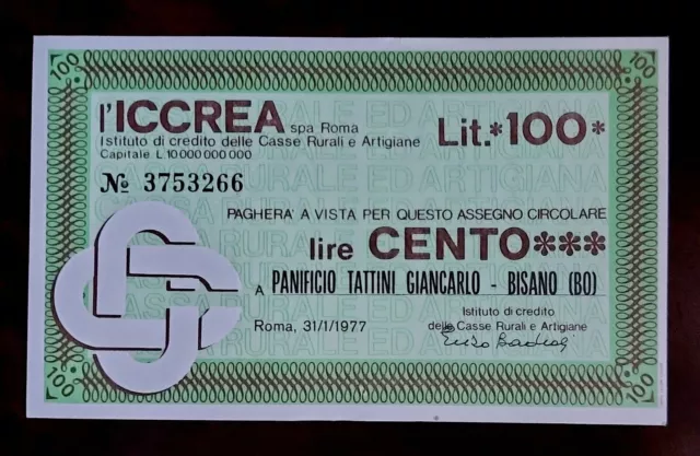 Mini Assegno Iccrea Roma 100 Lire Cento Miniassegno Panificio Bologna 1977