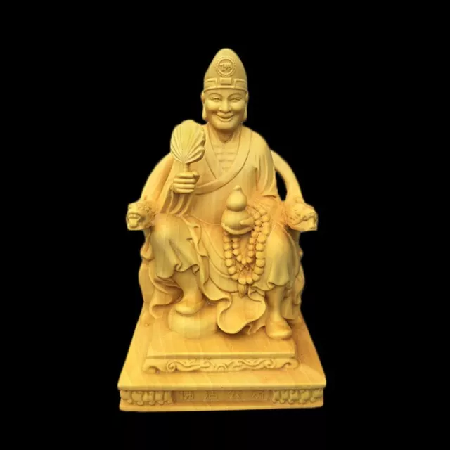 3.9" Boxwood Ji Gong Sculpture Crazy Monk Wood Carving Sitting Buddha Status