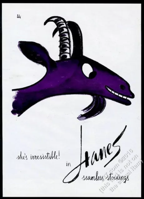 1960 Vladimir Bobri purple goat art Hanes Seamless Stockings vintage print ad