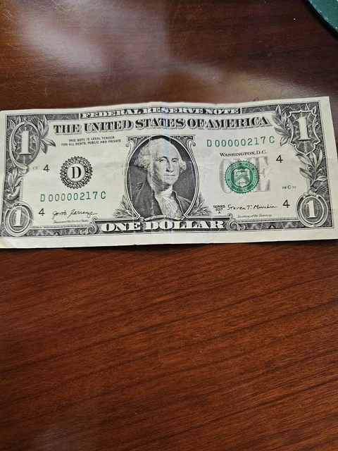 LOW SERIAL NUMBER 1 Dollar Bill 3 Digit 2017 D 00000217 C £47.16 ...