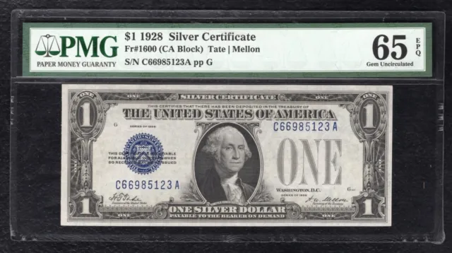 Fr. 1600 1928 $1 One Dollar “Funnyback” Silver Certificate Pmg Gem Unc-65Epq