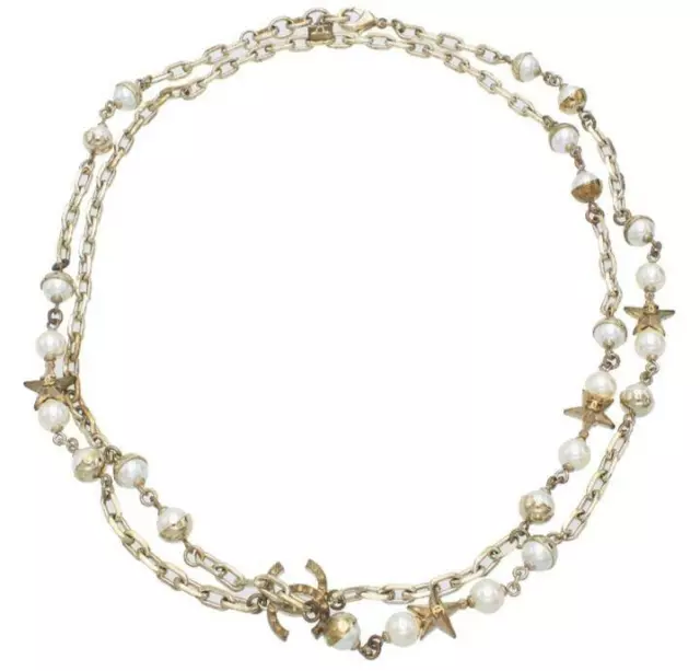 Chanel Necklace Cocomark White Silver Faux Pearl Rhinestone Long