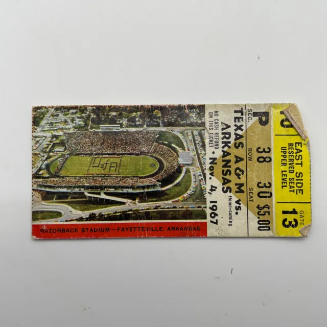 1967 Arkansas Vs Texas A&M Ticket Stub Played at Razorback Stadium