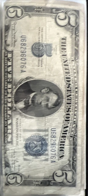 1934 Five Dollar BLUE Seal Note Silver Certificate $5 Old US Bill Average Circ