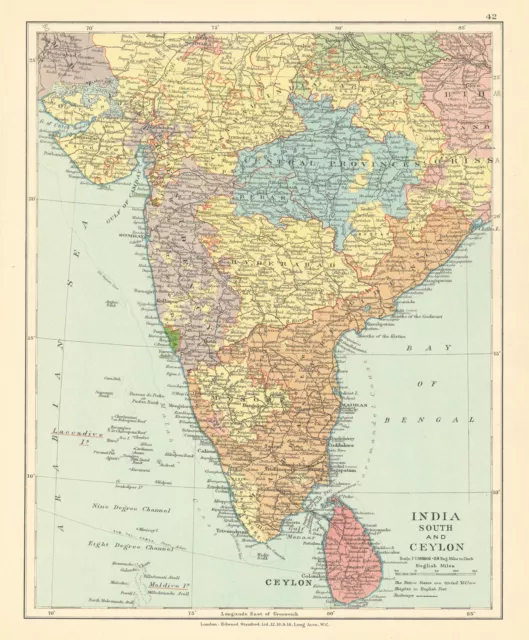 British India South and Ceylon. Sri Lanka. Native States. STANFORD c1925 map