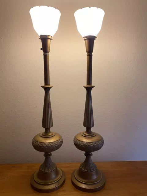 PRISTINE Pair 1950s Authentic Rembrandt Gold Wash Brass Tall Table Lamps MCM Set