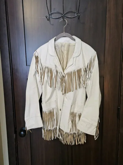 Vintage Women's Boho Hippie Moto White Leather Fringe Jacket Coat Size 7/8 7 8