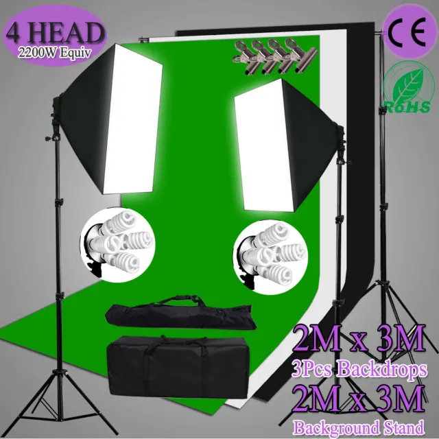 4 Head Studio SoftBox Lighting 2x3m Green Screen Photography Backdrops Stand Kit