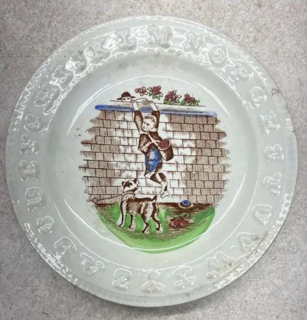Early Antique child’s ABC Alphabet plate staffordshire Boys Stealing Fruit & Dog