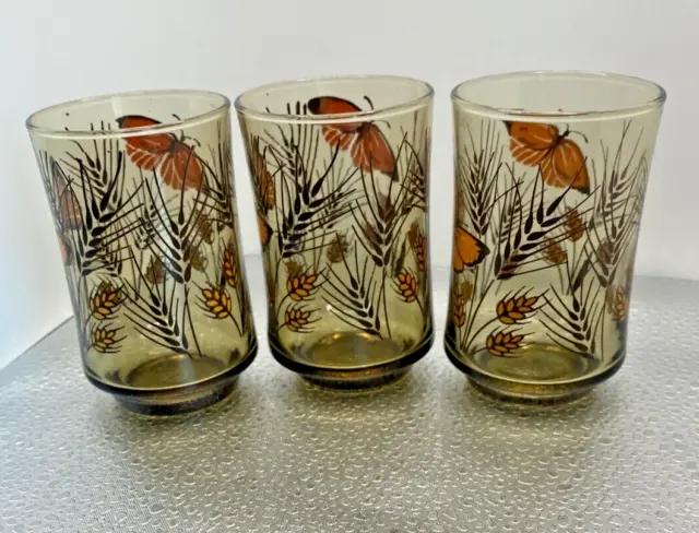 Libbey 4"  Drinking Glasses Monarch Butterfly Wheat Pattern Juice Brown Vintage