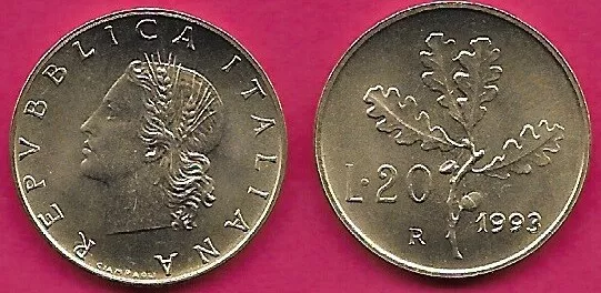 Italy 20 Lire 1993R Unc Wheat Sprigs Within Head Left,Oak Leaves Divides Val