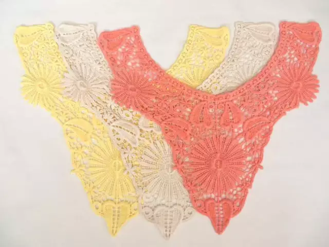 3 pieces of Cotton embroidered guipure applique neck trims, butter orange & ecru