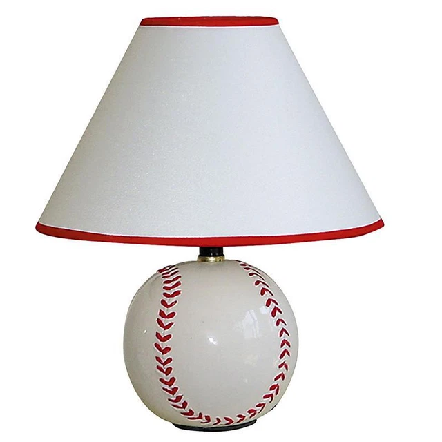 ORE International Baseball Ceramic Table Lamp with Linen Shade in White