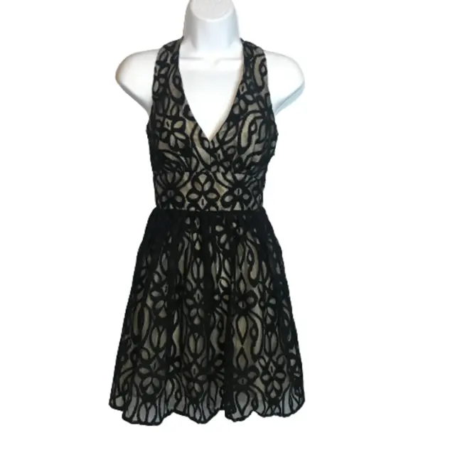 Asos Petite Lace Halter Skater Dress Black Mesh Lace Overlay Sz 1 Petite