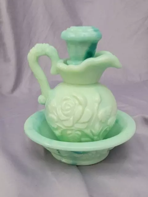 Vintage Avon Victorian Style Pitcher and Bowl Blue Green Milk Glass 6” Tall