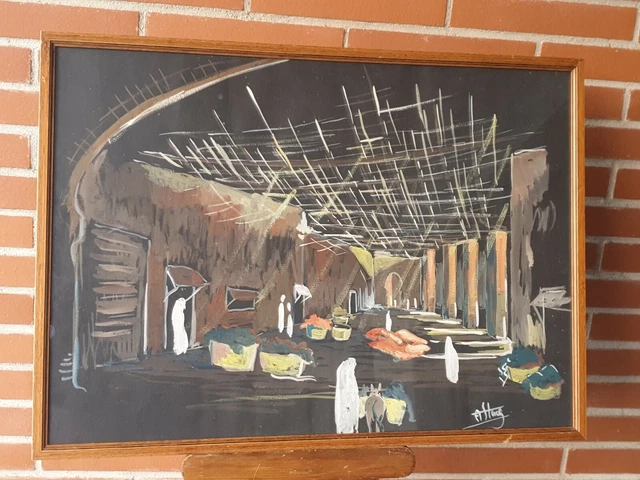 Tableau signé. Paysage animées Gouache Orientaliste dans le goût de Pontoy. XX °