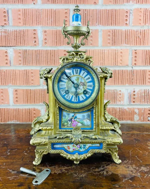 Antique Victorian French Mantel Clock by Japy Freres Sevres Porcelain Gilt Metal
