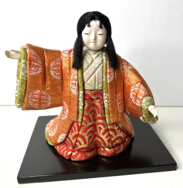 Kimekomi Doll Geisha Japanese Brocade Kimono Black Stand Handmade Vintage 6.75”