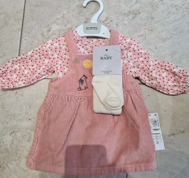 M&S Baby 3 PART SET pink cotton top & dress and white tights Size 0-3 Months