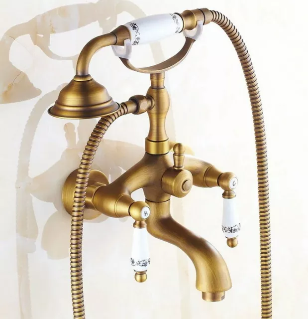 Antique Brass Bathroom Wall Mounted Bath Tub Clawfoot Faucet W/ Handheld Shower