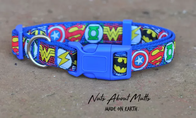 Super Hero Super Heroes dog collar blue buckle, blue webbing All sizes