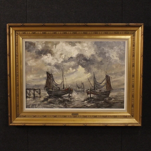 Peinture marine paysage huile toile bateaux tableau signé style ancien 900