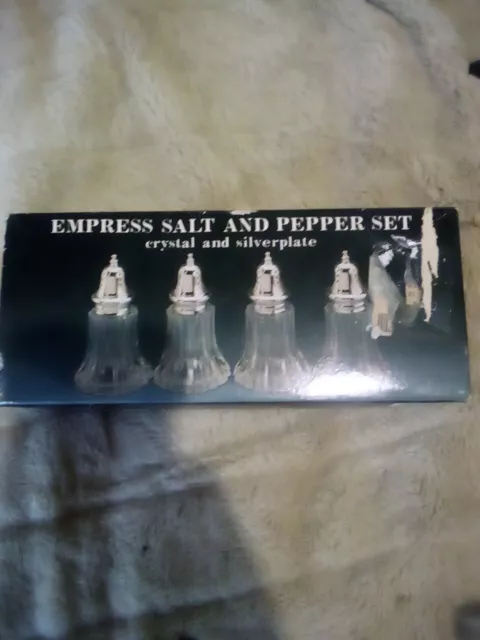 Godinger EMPRESS SALT AND PEPPER SET Crystal and Silverplate Set of 4 Unused 3"t