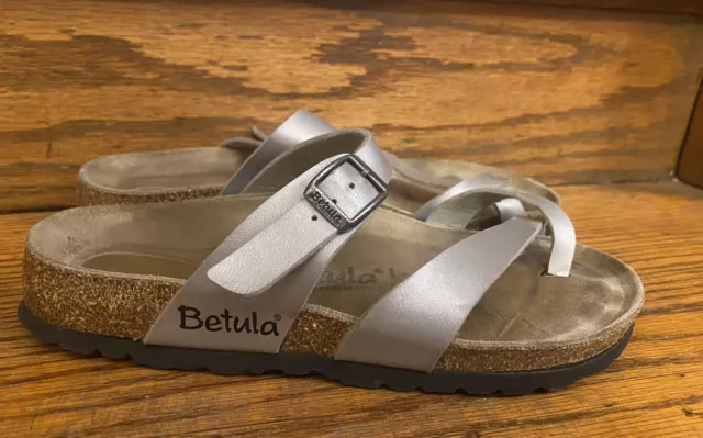 BETULA X BIRKENSTOCK Silver Leather Casual Sip On Sandal Size M 8