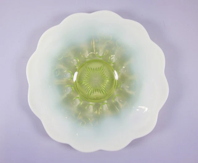 Mosser CHERRY THUMBPRINT-VASELINE OPALESCENT Glass Low Footed Cake Plate