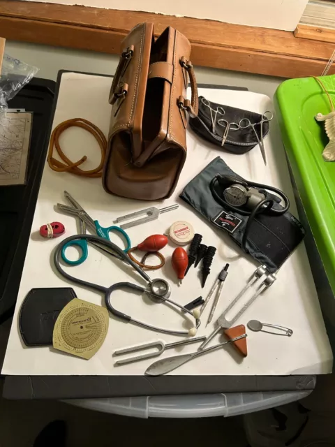 Doctor's Vintage Bag, Stethoscope, Blood Pressure Cuff, Sphygmomanometer, More +