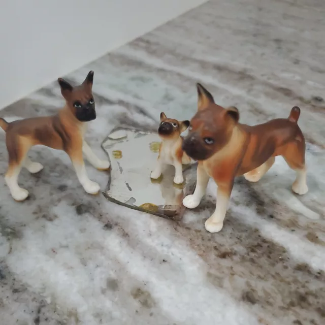 Vintage Boxer American Bulldog ceramic Figurines set of 3 brown black family