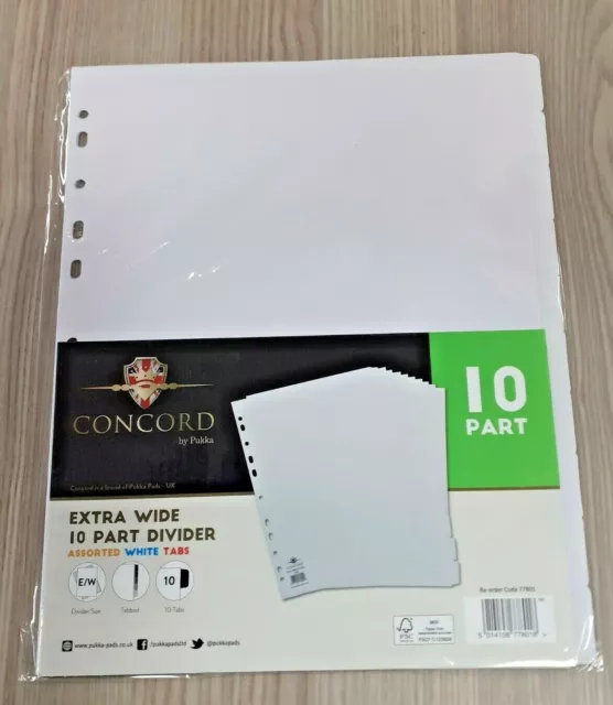 3x PACKS CONCORD A4 10 PART EXTRA WIDE WHITE TAB SUBJECT DIVIDERS MULTI PUNCHED.