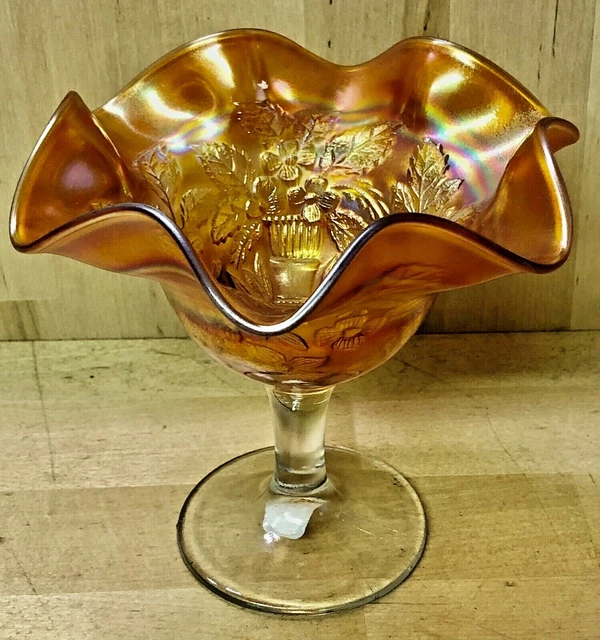 VINTAGE FENTON CARNIVAL Glass 6" Marigold Orange Tree Peacock At The