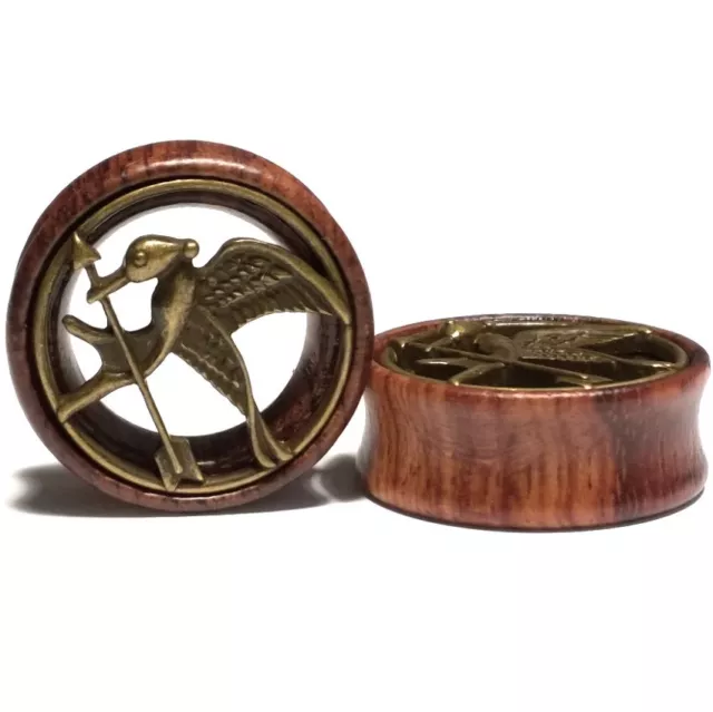 Pair Wood Flesh Ear Tunnels w/Brass insert Gauges Plugs Earrings - Hunger Games