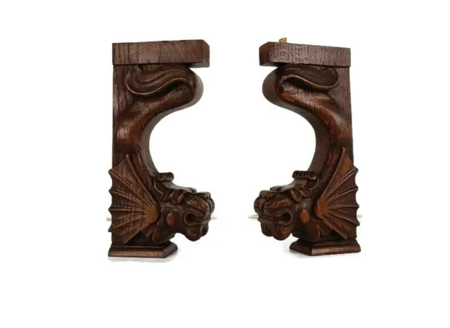 Antique Pair Corbels Hand Carved Wood Mythological Lion Architectural reclaimed